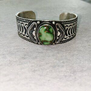 Native American Vntg Handcrafted Turquoise Sterling Silver Cuff Bracelet Signed